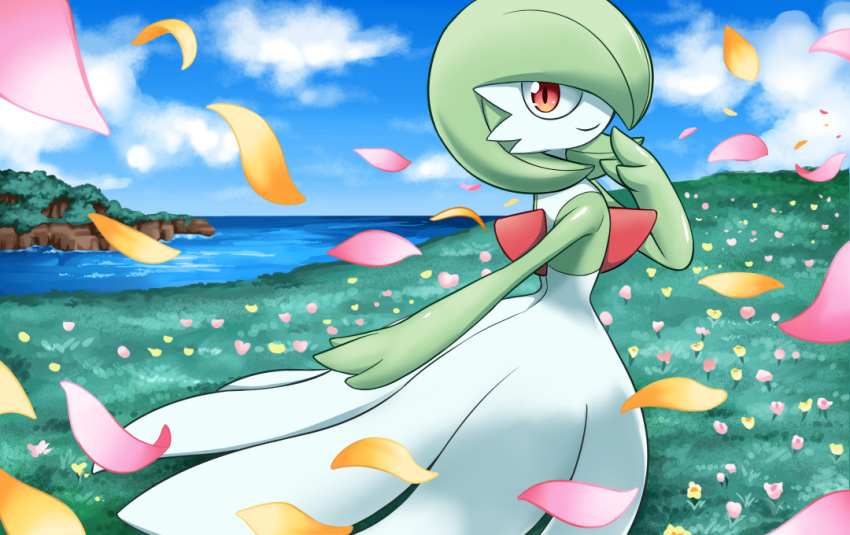 blue_sky brown_eyes closed_mouth cloud cloudy_sky commentary_request day feet_out_of_frame gardevoir grass hakuginnosora looking_at_viewer looking_to_the_side outdoors petals pokemon pokemon_(creature) river sky smile solo standing water wind