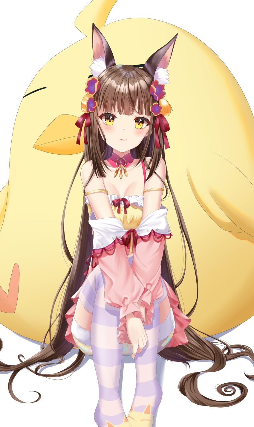 absurdres animal_ear_fluff animal_ears azur_lane blunt_bangs breasts brown_eyes brown_hair camisole cleavage female flower fox_ears fur_trim hair_flower hair_ornament highres knees_up konparu_uran long_hair looking_at_viewer manjuu_(azur_lane) nagato_(azur_lane) nagato_(guardian_fox's_vacation)_(azur_lane) off_shoulder official_alternate_costume pink_shirt polka_dot polka_dot_shorts purple_thighhighs shirt shorts sitting small_breasts smile solo striped_clothes striped_thighhighs thighhighs very_long_hair yellow_camisole yellow_shorts