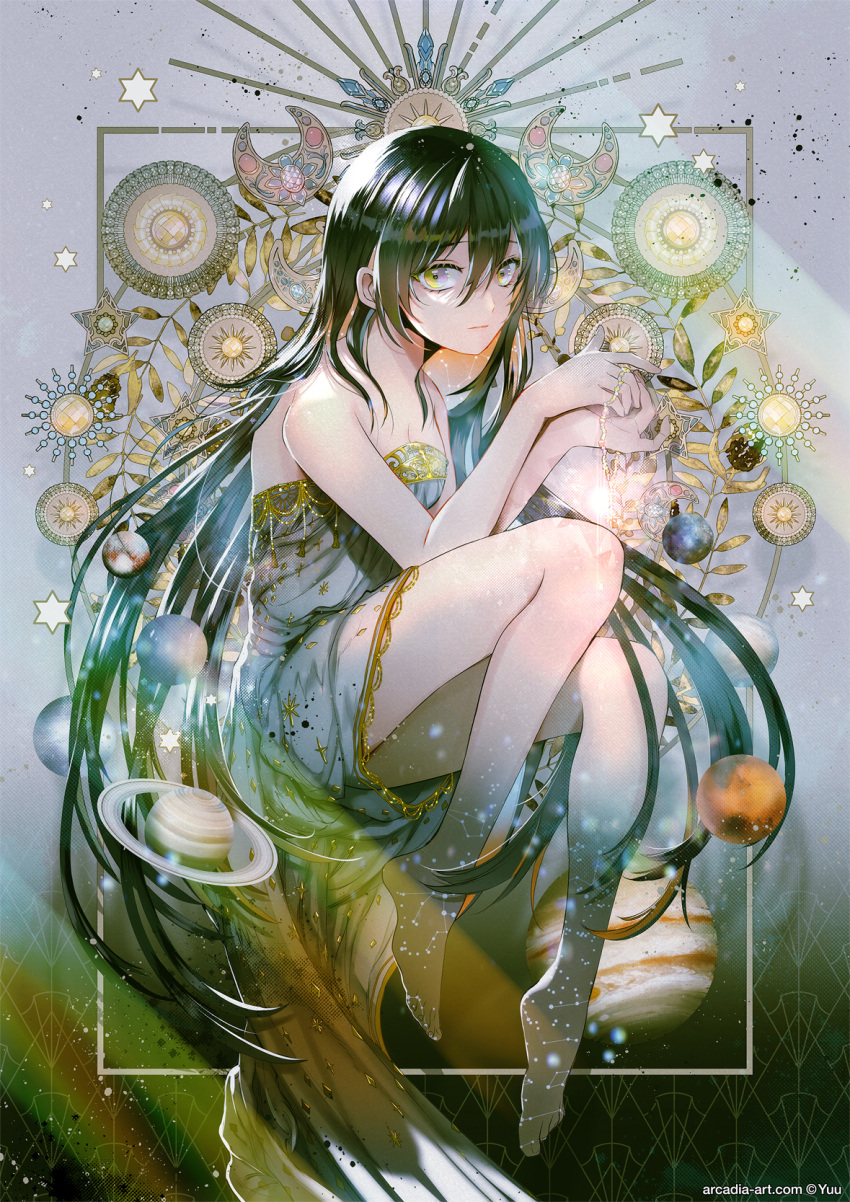 bare_arms bare_shoulders barefoot black_hair bootes_(constellation) brown_hair closed_mouth commentary_request commission constellation constellation_print dress female grey_background grey_dress hair_between_eyes hercules_(constellation) hexagram highres jupiter_(planet) long_hair mars_(planet) original pixiv_commission planet planetary_ring pluto_(planet) purple_eyes saturn_(planet) solo strapless strapless_dress very_long_hair yellow_eyes yuu_(arcadia)