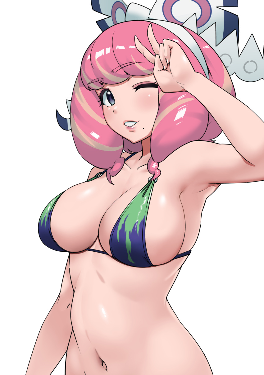 armpits bikini blush bob_cut bow bow_hairband breasts collarbone commentary_request drill_hair eyelashes eyeshadow female flipped_hair grey_eyes hairband hairbow hand_up highres klara_(pokemon) large_breasts long_hair looking_at_viewer makeup makino_harumaki mole mole_under_mouth navel one_eye_closed pink_eyeshadow pink_hair pink_lips pokemon pokemon_swsh shiny_skin short_hair simple_background smile solo swimsuit twin_drills two-tone_bikini upper_body v white_background white_bow white_hairband