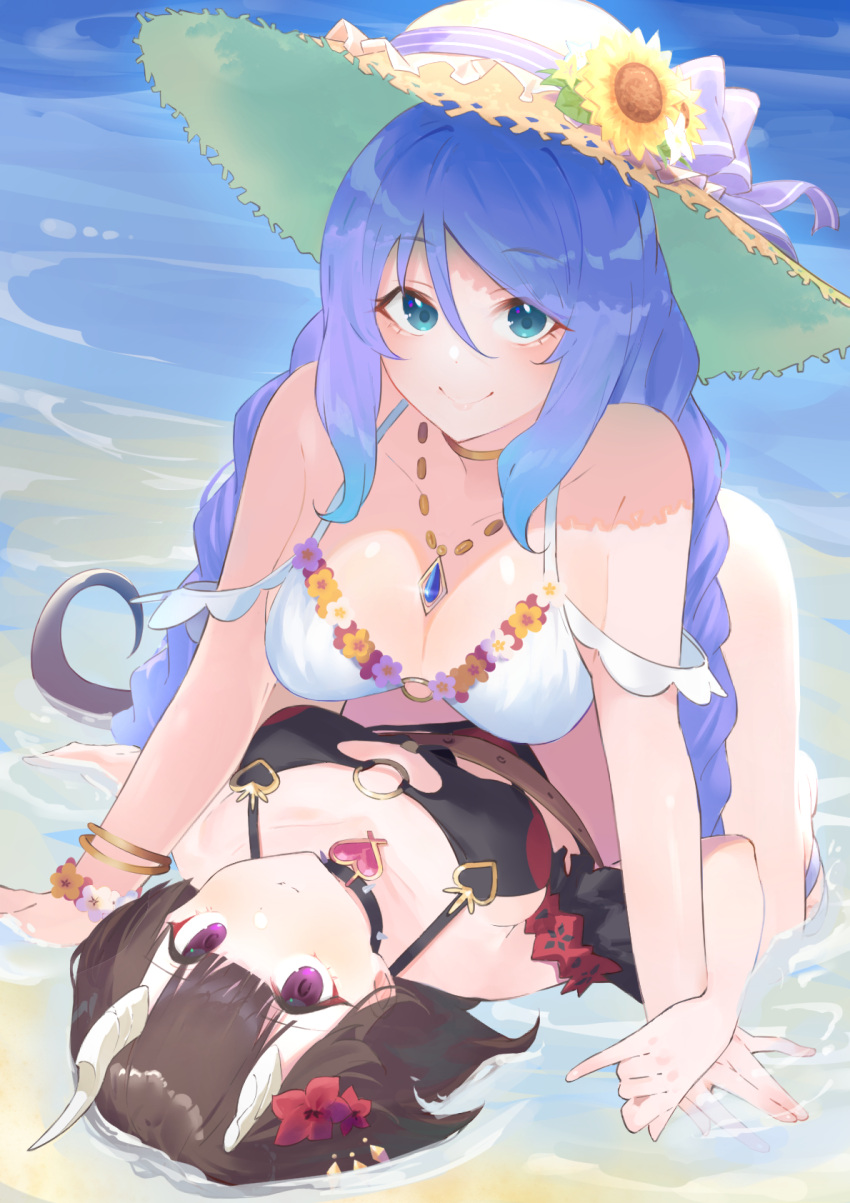 2girls bare_shoulders beach bikini black_bikini blue_eyes blush braid breasts broken_horn brown_hair choker cleavage collarbone commentary demon_girl demon_horns eriko_(princess_connect!) eriko_(summer)_(princess_connect!) flower flower_trim hair_between_eyes hair_flower hair_ornament hat hat_flower highres horns jewelry large_breasts light_purple_hair long_hair looking_at_viewer lying medium_breasts multiple_girls necklace o-ring o-ring_bikini on_back open_mouth outdoors princess_connect! purple_eyes purple_hair shimon_(31426784) shizuru_(princess_connect!) shizuru_(summer)_(princess_connect!) shore short_hair smile spiked_tail straw_hat sunflower swimsuit tail thighs twin_braids white_bikini