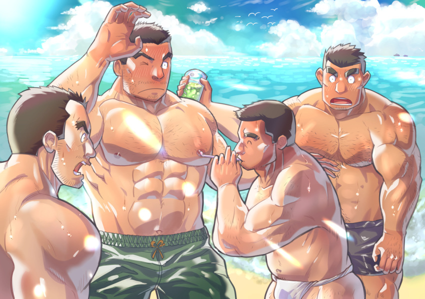 4boys ^_^ abs bara beach blush bulge bunta_ru chest_hair closed_eyes cloud cloudy_sky dark-skinned_male dark_skin facial_hair fundoshi japanese_clothes large_pectorals light_particles looking_at_another male_focus male_swimwear male_underwear multiple_boys muscular muscular_male navel navel_hair nipples one_eye_closed open_mouth original outdoors pectorals plump semi-rimless_eyewear short_hair sky stomach stubble sucking_male_nipple swim_briefs swim_trunks thick_eyebrows topless_male under-rim_eyewear underwear white_male_underwear yaoi