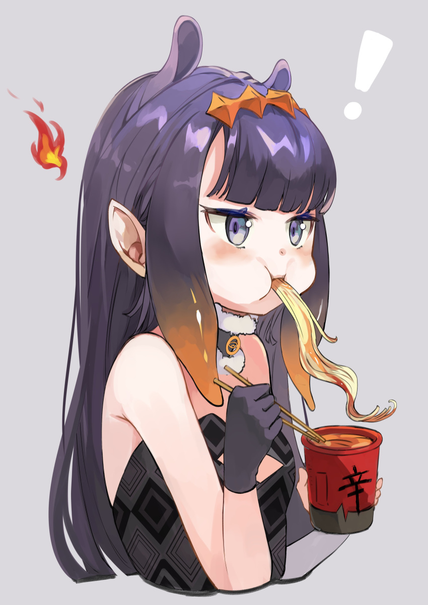 absurdres black_gloves blue_eyes blunt_bangs cheek_bulge chopsticks cup_ramen dadada eating female food gloves gradient_hair highres hololive hololive_english long_hair multicolored_hair ninomae_ina'nis ninomae_ina'nis_(1st_costume) noodles orange_hair pointy_ears purple_hair ramen shin_ramyun sidelocks solo tentacle tentacle_hair virtual_youtuber