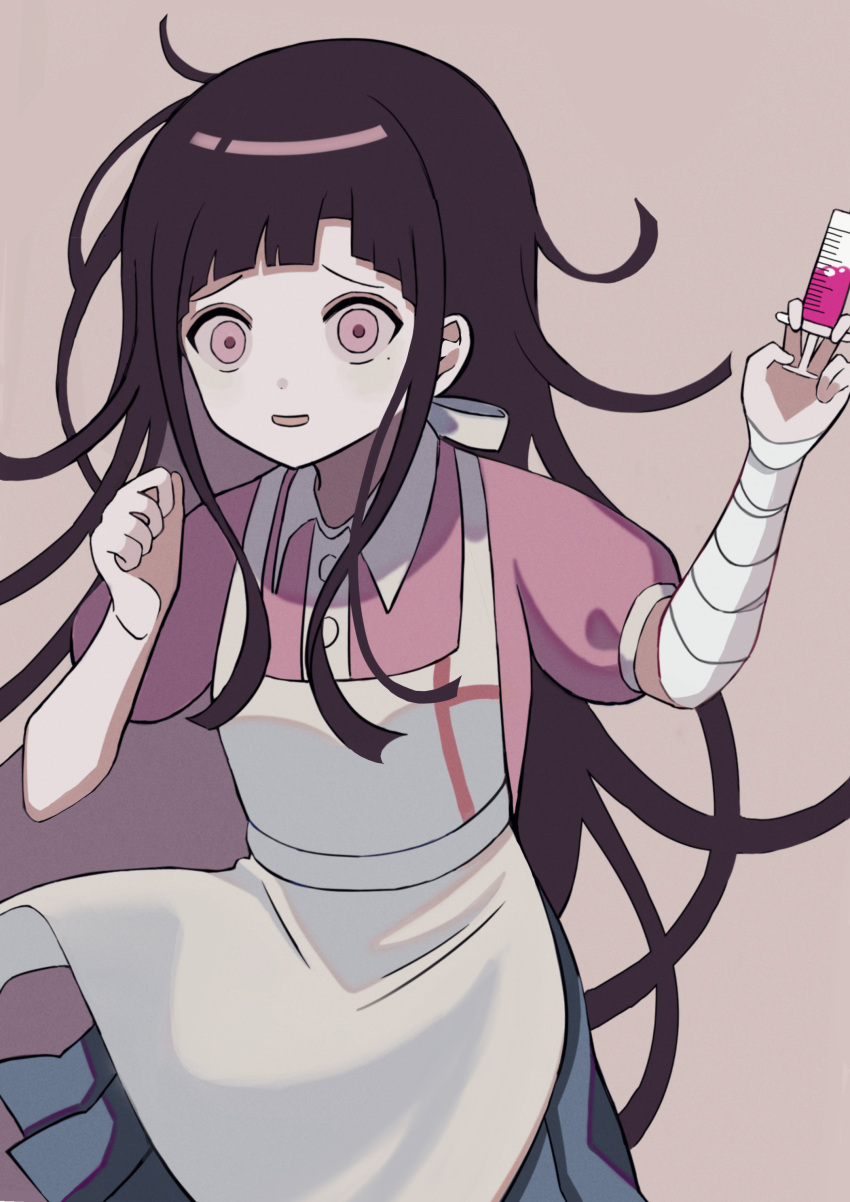 absurdres apron bandaged_arm bandages black_hair blood brown_background chinese_commentary collared_shirt commentary cowboy_shot danganronpa_(series) danganronpa_2:_goodbye_despair dress_shirt female green_skirt hands_up highres holding holding_syringe long_hair messy_hair mole mole_under_eye nk_(dzzx8334) open_mouth pale_skin pink_blood pink_eyes pink_shirt pleated_skirt puffy_short_sleeves puffy_sleeves purple_hair shirt short_sleeves simple_background skirt solo syringe tsumiki_mikan white_apron