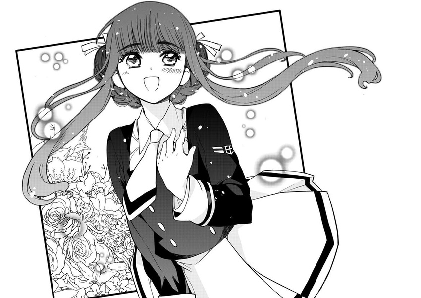 :d azukiko blunt_bangs blush braid cardcaptor_sakura commentary daidouji_tomoyo double_bun female flower greyscale hair_bun hand_on_own_chest long_hair long_sleeves monochrome open_mouth school_uniform skirt smile solo tomoeda_middle_school_uniform