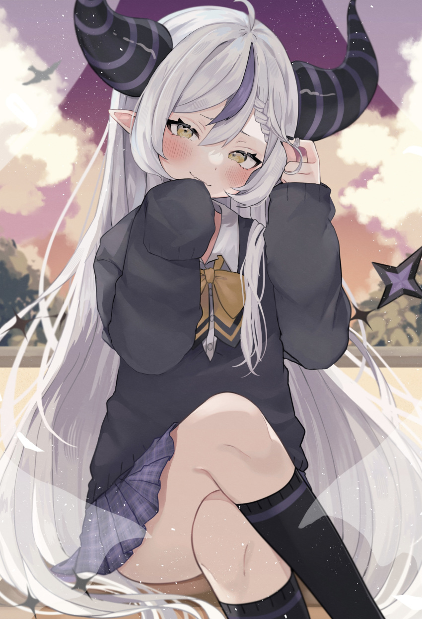 absurdres ahoge alternate_hairstyle bird black_nails black_socks blush braid cloud crossed_legs evening female grey_hair highres hololive horns la+_darknesss long_hair looking_at_viewer multicolored_hair neck_ribbon nemuta_muu orange_sky outdoors plaid plaid_skirt pointy_ears purple_hair purple_nails purple_skirt ribbon school_uniform sitting skirt sky sleeves_past_wrists socks solo streaked_hair striped striped_horns thighs very_long_hair virtual_youtuber