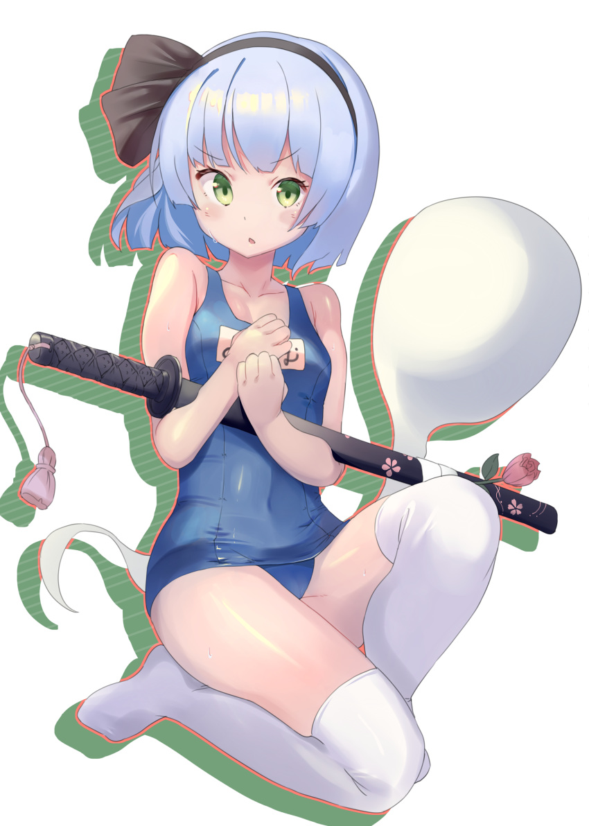 absurdres black_hairband black_ribbon blue_one-piece_swimsuit female full_body green_eyes grey_hair hair_ribbon hairband highres isemori konpaku_youmu konpaku_youmu_(ghost) looking_at_viewer old_school_swimsuit on_one_knee one-piece_swimsuit ribbon school_swimsuit sheath sheathed short_hair simple_background solo swimsuit sword tassel thighhighs touhou weapon white_background white_thighhighs