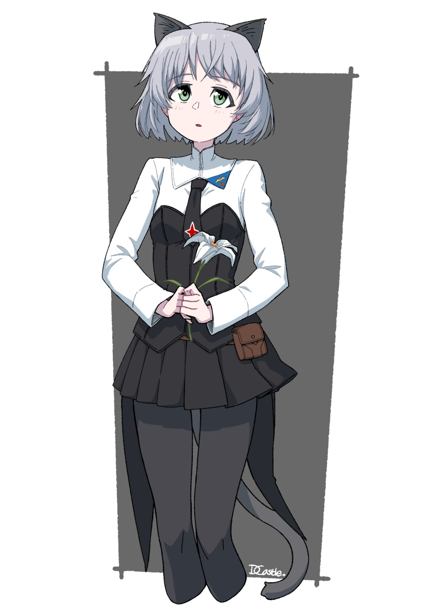 absurdres animal_ears black_necktie black_shirt black_skirt cat_ears cat_girl cat_tail dragoncastle female green_eyes grey_hair highres looking_up military military_uniform multicolored_shirt necktie pantyhose sanya_v._litvyak shirt silver_background skirt solo strike_witches tail uniform white_background white_shirt world_witches_series