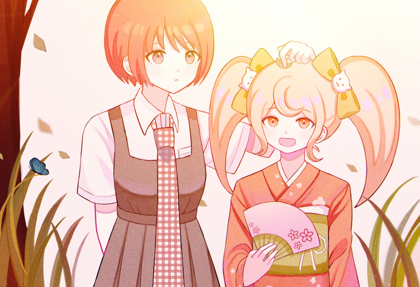 2girls animal_hair_ornament blonde_hair blue_butterfly bow breast_pocket brown_dress brown_hair bug butterfly cat_hair_ornament chinese_commentary collared_shirt commentary danganronpa_(series) danganronpa_2:_goodbye_despair dress floral_print freckles furisode gingham_necktie grass green_sash hair_ornament hairbow hand_fan hand_on_another's_head highres holding holding_fan japanese_clothes kimono koizumi_mahiru long_hair looking_at_another multiple_girls nature necktie nk_(dzzx8334) obi open_mouth orange_bow orange_kimono parted_lips petals pocket print_kimono red_necktie saionji_hiyoko sash shirt short_hair short_sleeves simple_background smile tall_grass tree twintails upper_body white_necktie white_shirt