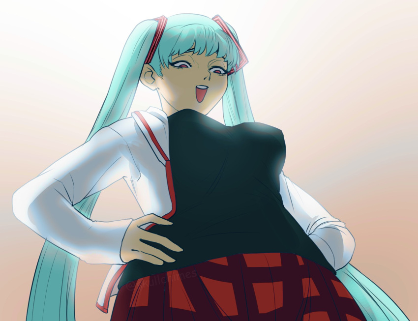 apu_spills_his_tendies_(meme) aqua_hair backlighting bloom breasts commentary female from_below hair_ornament hands_on_own_hips hatsune_miku highres jacket long_hair looking_down medium_breasts meme natural_(module) open_mouth parody plaid plaid_skirt red_eyes red_skirt skirt skullchimes smug solo symbol-only_commentary twintails very_long_hair vocaloid white_jacket