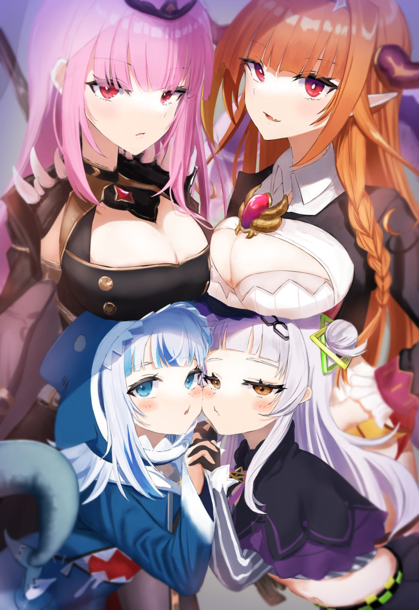 4girls animal_hood blue_hair blunt_bangs braid breast_press breast_rest breasts breasts_on_head cleavage cleavage_cutout clothing_cutout dragon_horns dragon_tail fins fish_tail flat_chest gawr_gura gawr_gura_(1st_costume) grey_hair hair_behind_ear hair_bun hexagram_hair_ornament highres holding_hands hololive hololive_english hood horns kiryu_coco kiryu_coco_(1st_costume) large_breasts long_hair looking_at_viewer mori_calliope mori_calliope_(1st_costume) multicolored_hair multiple_girls murasaki_shion murasaki_shion_(1st_costume) oerba_yun_fang open_mouth orange_hair pink_hair pointy_ears ponnu_(nikeytina) red_eyes shark_hood shark_tail short_bangs streaked_hair symmetrical_docking tail tiara veil virtual_youtuber