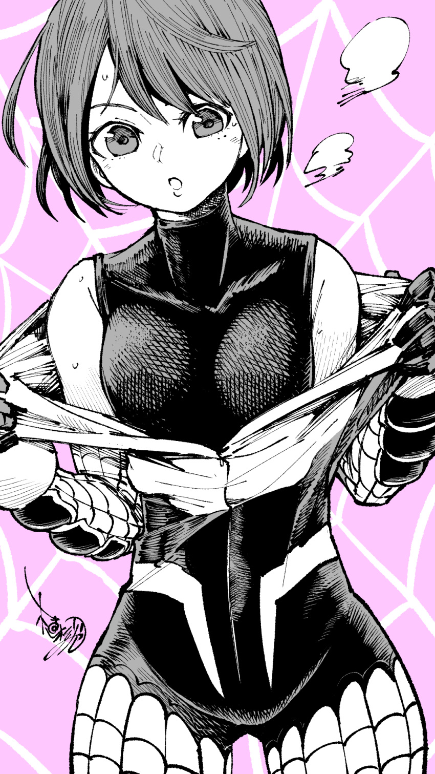 :o bodysuit breasts breath deadpool_(series) female gloves greyscale_with_colored_background hida_haruka highres looking_down marvel medium_breasts open_mouth purple_background sakura_spider short_hair silk solo spider_web superhero_costume uesugi_hikaru undressing