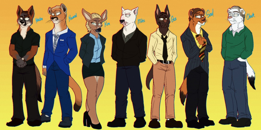 2:1 alternate_species anthro better_call_saul black_body black_clothing black_fur black_nose blonde_hair blue_clothing blue_eyes breaking_bad brown_body brown_eyes brown_fur brown_hair bull_terrier canid canine canis chromatic_aberration chuck_mcgill clothed clothing cougar deer digital_drawing_(artwork) digital_media_(artwork) domestic_dog felid feline female flat_colors fluffy fluffy_tail fox fur furrification great_dane green_clothing grey_clothing grey_fox group gustavo_fring hair howard_hamlin humanoid hunting_dog jacket kim_wexler male mammal mastiff mike_ehrmantraut molosser multicolored_body multicolored_fur mustelid musteline nacho_varga necktie orange_background orange_body orange_fur poisonousskunk saul_goodman shirt simple_background standing tail terrier text topwear true_musteline urocyon weasel white_body white_fur white_hair yellow_background yellow_clothing