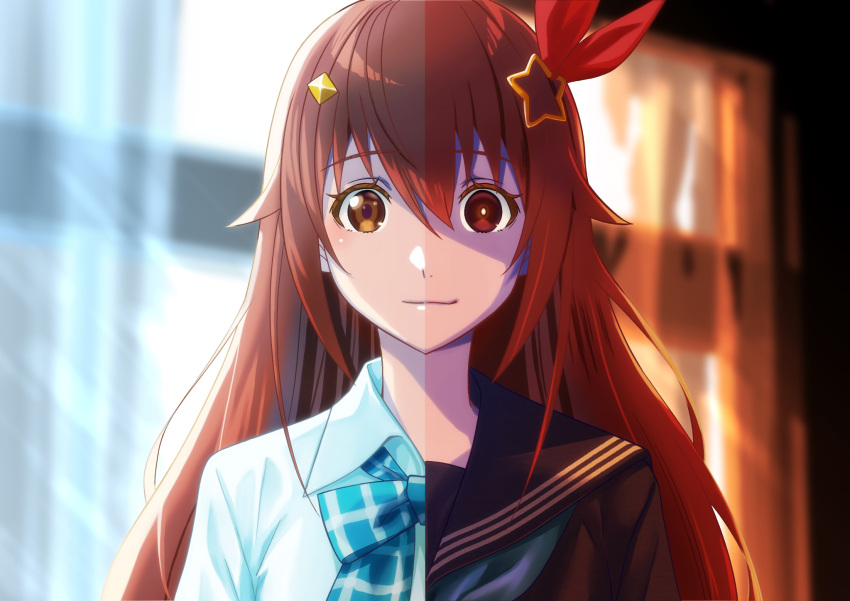 aogami_high_school_uniform black_serafuku brown_eyes brown_hair closed_mouth commentary diamond_hair_ornament empty_eyes evil_smile female hair_flaps hair_ornament hair_ribbon hairclip highres hololive hololive_error long_hair looking_at_viewer official_alternate_costume polar_opposites red_ribbon ribbon school_uniform serafuku smile solo split_theme star_(symbol) star_hair_ornament symmetry tokino_sora upper_body virtual_youtuber yandere zabudog777