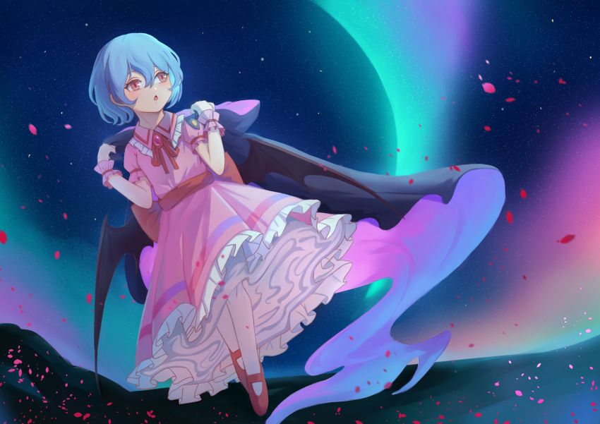 aurora bat_wings black_cape blue_hair blush bow brooch cape chestnut_mouth collared_dress commentary dress fat123 female frilled_dress frilled_shirt_collar frills full_body hair_between_eyes hands_up highres jewelry looking_up mary_janes neck_ribbon night night_sky no_headwear open_mouth petals pink_dress red_bow red_eyes red_footwear red_ribbon remilia_scarlet ribbon shoes short_hair sky slit_pupils solo star_(sky) starry_sky touhou waist_bow wings wrist_cuffs