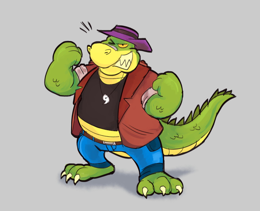 2022 alligator alligatorid anthro biped brok_(brok_the_investigator) brok_the_investigator clothing countershading cowcat_games crocodilian green_body hat headgear headwear hi_res humanoid_hands male maxawumba one_eye_closed reptile scalie shirt simple_background slightly_chubby solo topwear