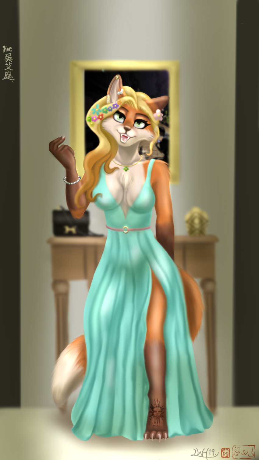 absurd_res anthro canid canine clothing dress ear_piercing female foot_tattoo fox green_clothing green_dress hi_res mammal piercing solo tagme wenqu0304