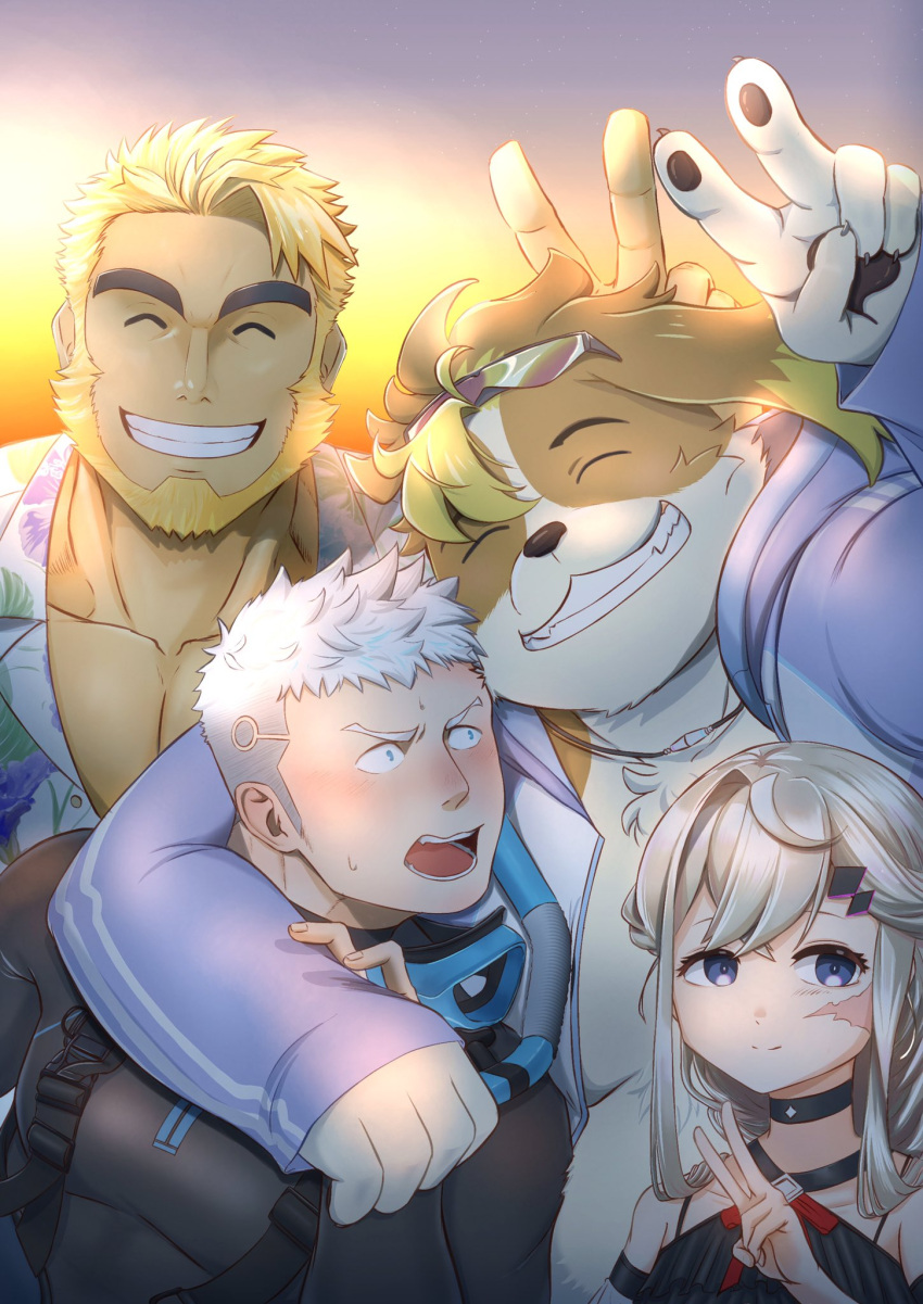 andrew_(live_a_hero) anthro arm_around_shoulders blonde_hair blush canid canine canis domestic_dog embarrassed eyewear floppy_ears gaius_(live_a_hero) gesture grin group group_photo hair hand_gesture hi_res human lifewonders live_a_hero looking_at_viewer male mammal melide sabita_kan smile sunglasses v_sign white_hair