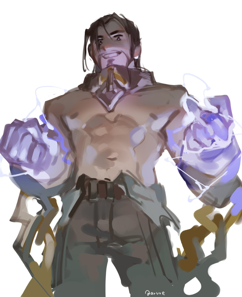 1boy absurdres artist_name arvve bare_shoulders beard belt brown_belt brown_pants chains facial_hair from_below gauntlets glowing_arm grin highres league_of_legends male_focus moustache navel nipples pants simple_background smile solo sylas_(league_of_legends) teeth topless_male white_background