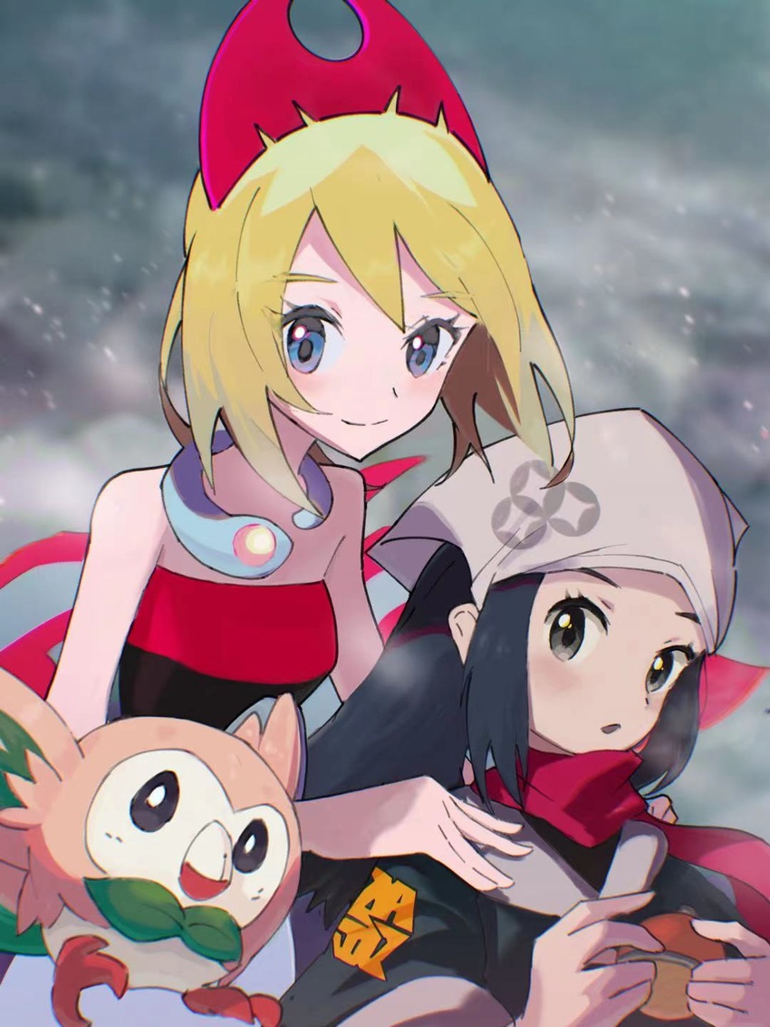 2girls akari_(pokemon) arc_draws arm_wrap blonde_hair blue_eyes floating_scarf galaxy_expedition_team_survey_corps_uniform hairband head_scarf highres irida_(pokemon) jewelry multiple_girls neck_ring poke_ball poke_ball_(legends) pokemon pokemon_(creature) pokemon_legends:_arceus red_hairband red_scarf rowlet scarf shirt strapless strapless_shirt