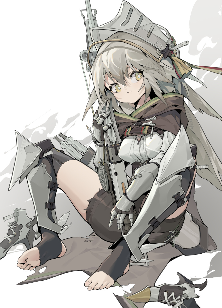 absurdres arknights armor armored_boots black_cape black_shorts black_thighhighs boots breasts cape crossbow fartooth_(arknights) feather_hair female full_body gauntlets grey_hair hair_between_eyes helmet highres holding holding_crossbow holding_weapon iyasu_shikaku long_hair looking_at_viewer medium_breasts shin_guards shirt shorts sitting solo spread_legs stirrup_legwear thighhighs thighs toeless_legwear toes unworn_boots visor_(armor) weapon white_background white_shirt yellow_eyes