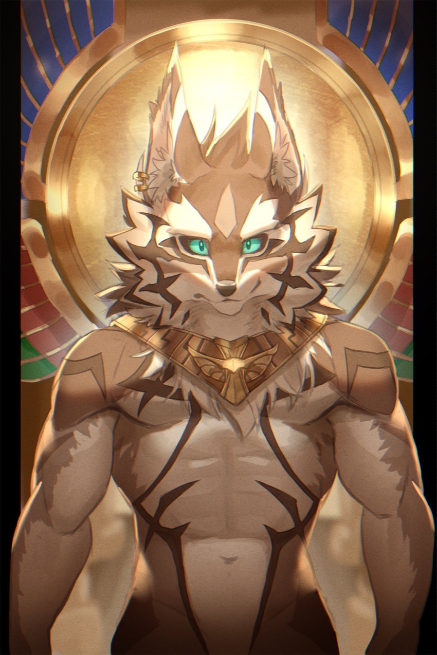 2:3 abs anthro biri black_sclera canid canine canis countershading digital_media_(artwork) digital_painting_(artwork) fur gold_(metal) gold_jewelry green_eyes grey_body grey_fur hi_res jackal jewelry lifewonders male mammal necklace pecs seth_(tas) shirtless solo tokyo_afterschool_summoners