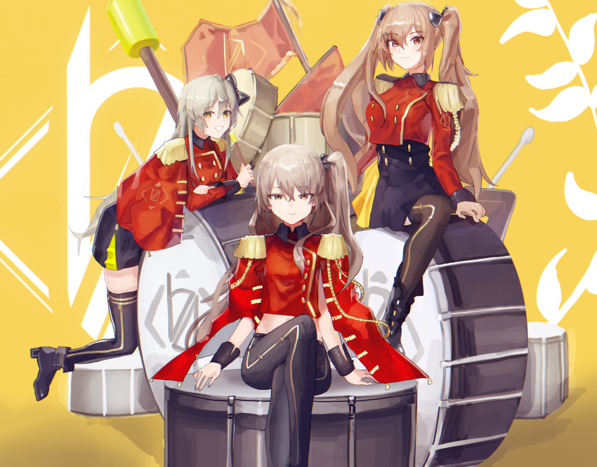 3girls 404_logo_(girls'_frontline) absurdres black_bow black_footwear black_pants black_skirt black_thighhighs boots bow breasts brown_eyes brown_hair closed_mouth crossed_legs drum drumsticks epaulettes ggab0621 girls'_frontline hairbow highres holding holding_drumsticks instrument jacket korean_commentary light_brown_hair long_hair looking_at_viewer marching_band medium_breasts multiple_girls official_alternate_costume one_side_up pants red_eyes red_jacket scar scar_across_eye scar_on_face shoes sitting skirt small_breasts smile thighhighs twintails ump40_(girls'_frontline) ump40_(kleines_ritornello)_(girls'_frontline) ump45_(girls'_frontline) ump45_(penrose_spiral)_(girls'_frontline) ump9_(bolero_dance_bird)_(girls'_frontline) ump9_(girls'_frontline) uniform yellow_background