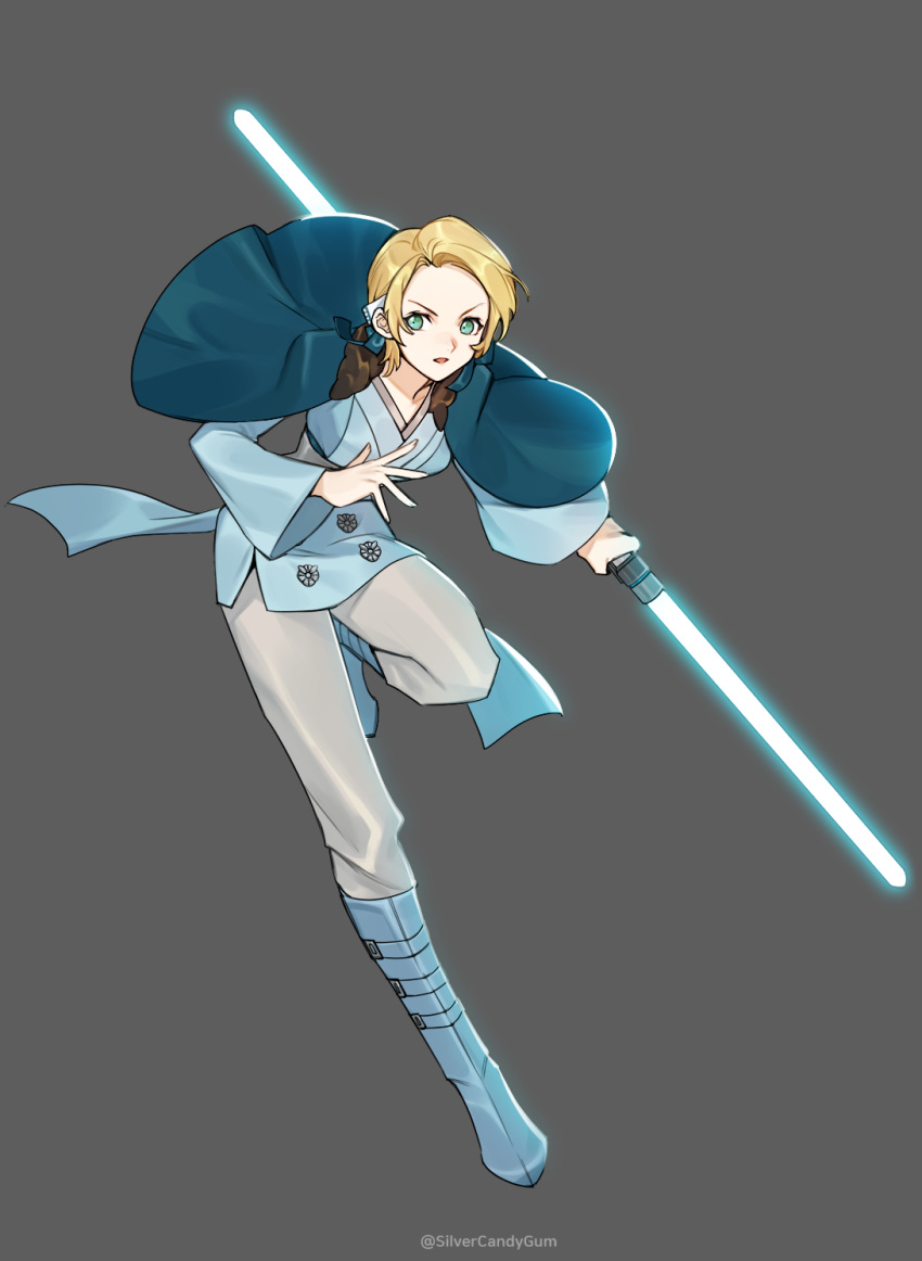 alternate_costume artist_name blonde_hair blue_dress blue_footwear blue_lightsaber boots breasts commentary double_bladed_lightsaber dress energy_sword female fire_emblem fire_emblem:_three_houses forehead full_body fur_trim green_eyes grey_background grey_pants highres holding_lightsaber ingrid_brandl_galatea lightsaber long_sleeves looking_at_viewer medium_breasts pants parted_lips short_dress short_hair silvercandy_gum simple_background solo star_wars sword watermark weapon wide_sleeves