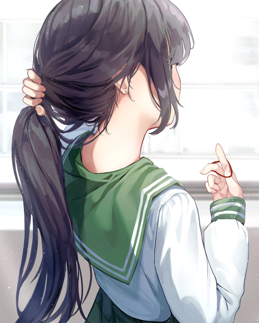 black_hair black_skirt commentary facing_away female from_behind green_sailor_collar green_skirt hair_focus hair_tie hand_in_own_hair hand_up highres holding holding_hair_tie holding_own_hair long_hair long_sleeves nape neck_focus original ponytail sailor_collar school_uniform seero serafuku shirt skirt solo symbol-only_commentary tying_hair upper_body white_shirt