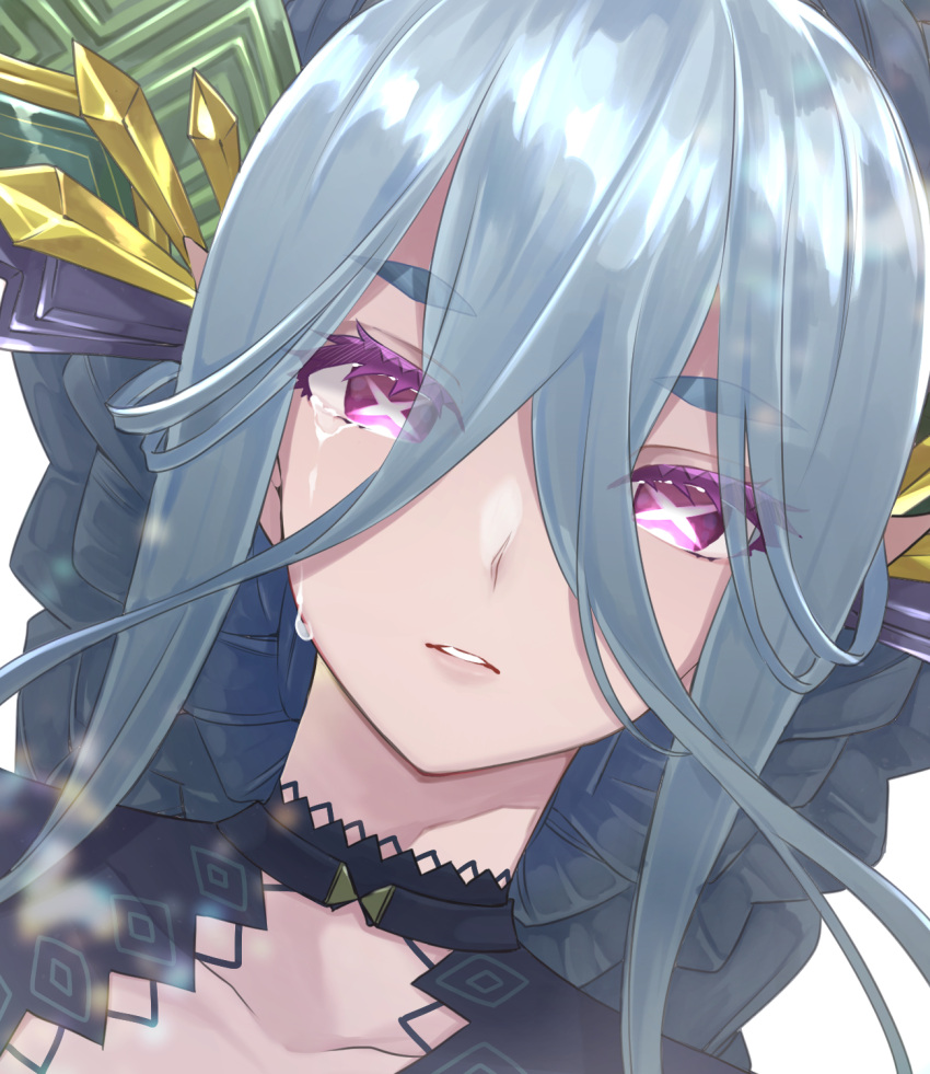 bad_id bad_pixiv_id blue_hair braid collarbone commentary_request crossed_bangs crying crying_with_eyes_open fate/grand_order fate_(series) female highres horns pink_eyes pointy_ears portrait short_eyebrows shunka_tunacan solo symbol-shaped_pupils tears tiamat_(fate) x-shaped_pupils