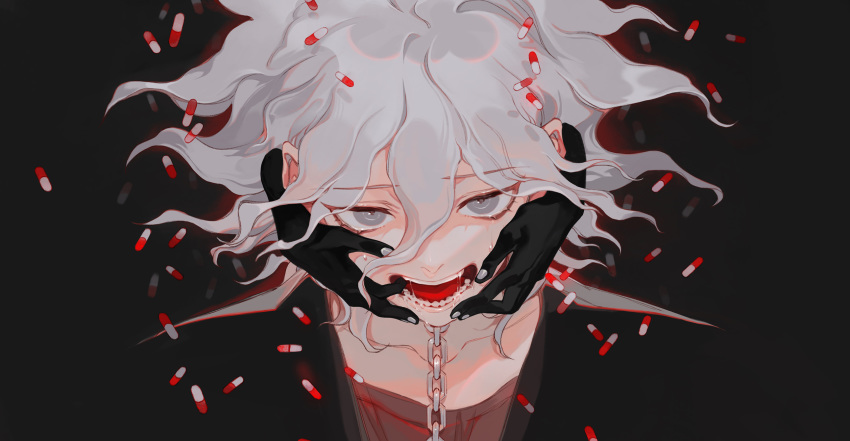 1boy black_skin chains collarbone colored_skin commentary_request danganronpa_(series) danganronpa_another_episode:_ultra_despair_girls finger_in_another's_mouth gloves grey_eyes hands_on_another's_face highres komaeda_nagito looking_at_viewer male_focus medium_hair messy_hair nail_polish open_mouth pill portrait red_shirt saliva servant_(danganronpa) shirt silver_nails solo_focus teeth white_hair xiwang_xintu