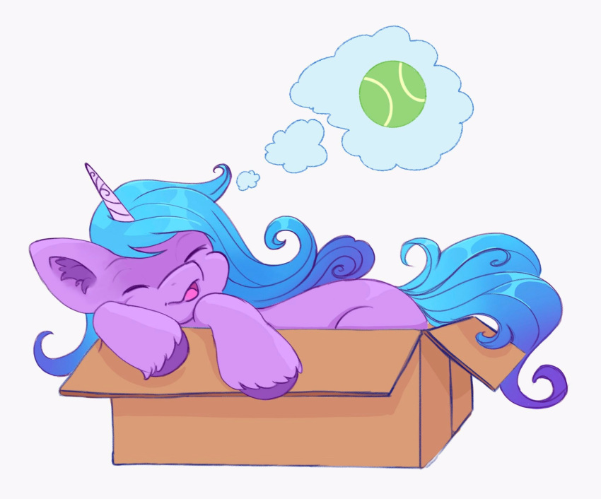 blue_hair blue_tail box closed_eyes container equid equine female feral hair hasbro hi_res horn inner_ear_fluff izzy_moonbow_(mlp) mammal mlp_g5 my_little_pony mythological_creature mythological_equine mythology open_mouth purple_body saphypone simple_background solo tail tuft unicorn white_background