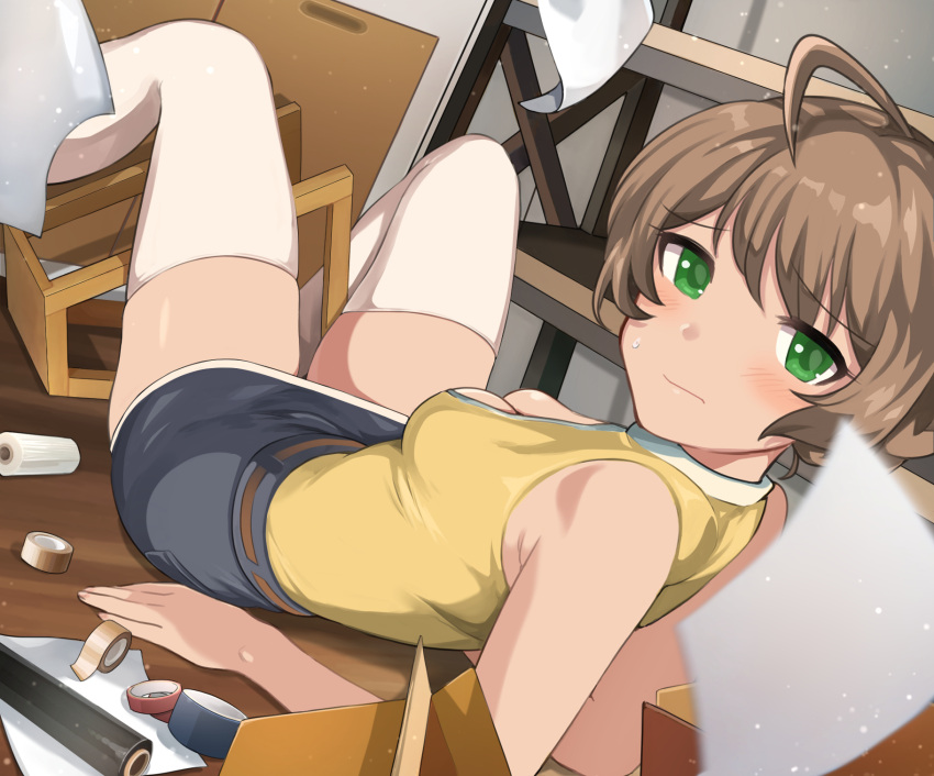 bad_id bad_twitter_id blush breasts brown_hair chair cleavage cowlick fallen_down female green_eyes grey_skirt hanamasa_ono highres idolmaster idolmaster_million_live! indoors looking_at_viewer lying medium_breasts on_back paper sakuramori_kaori shirt short_hair skirt sleeveless sleeveless_shirt solo sweatdrop tape thighhighs white_thighhighs yellow_shirt