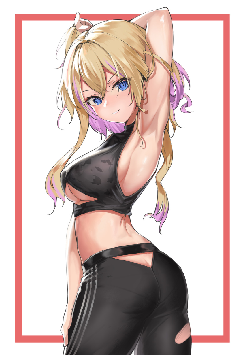 absurdres arm_behind_head arm_up armpits ass ass_cutout azur_lane back black_pants black_sports_bra blonde_hair blue_eyes blush border breasts chinese_commentary clothing_cutout commentary_request cowboy_shot female hair_between_eyes hand_on_own_thigh highres l.j. large_breasts looking_at_viewer marblehead_(azur_lane) marblehead_(boxing_girl!)_(azur_lane) midriff multicolored_hair official_alternate_costume pants parted_lips pink_hair profile red_border shirt short_hair_with_long_locks sidelocks simple_background sleeveless smile solo sports_bra standing track_pants twisted_torso two-tone_hair underboob underboob_cutout white_background