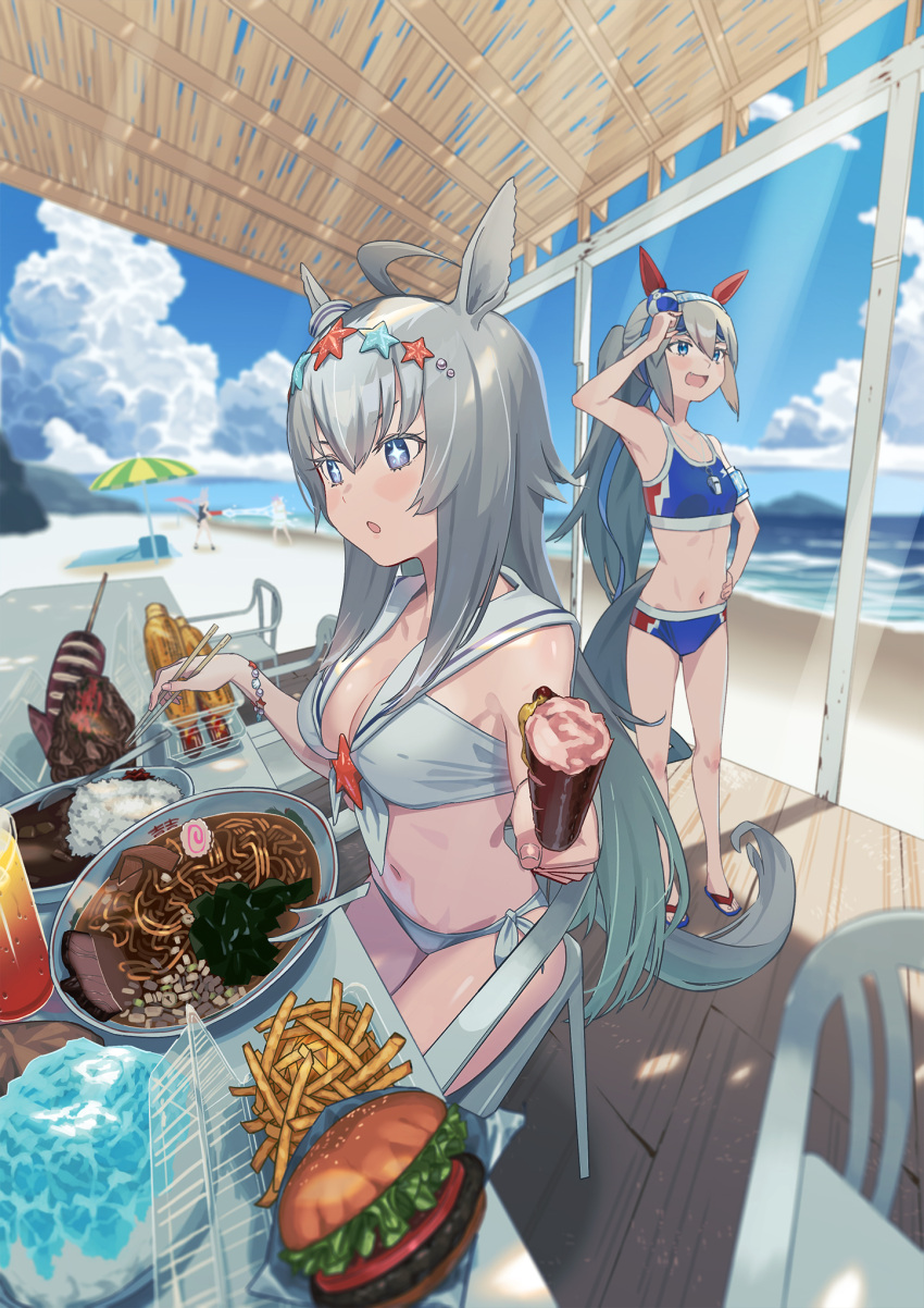 +_+ 4girls adjusting_goggles ahoge animal_ears armband beach beach_umbrella bikini blue_eyes bracelet breasts burger chair chopsticks cleavage curry curry_rice food french_fries goggles goggles_on_head gold_ship_(run_revolt_launcher)_(umamusume) gold_ship_(umamusume) grey_hair hairband hand_on_own_hip highres holding holding_chopsticks holding_food horse_ears horse_girl horse_tail hot_dog ikayaki jewelry kazu_no_reason large_breasts long_hair mejiro_mcqueen_(ripple_fairlady)_(umamusume) mejiro_mcqueen_(umamusume) multiple_girls navel noodles ocean oerba_yun_fang official_alternate_costume oguri_cap_(umamusume) open_mouth outdoors ponytail ramen rice sailor_collar sand sandals shaved_ice sitting skewer small_breasts smile standing swimsuit table tail tamamo_cross_(umamusume) umamusume umbrella water whistle whistle_around_neck white_bikini