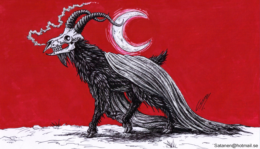 animal_skull artist_name black_fur commentary crescent_moon darkness demon email_address english_commentary facing_to_the_side full_body goat goat_horns highres hooves horns horror_(theme) moon no_humans occult original outdoors red_background satanen_perkele signature skull smoke smoking