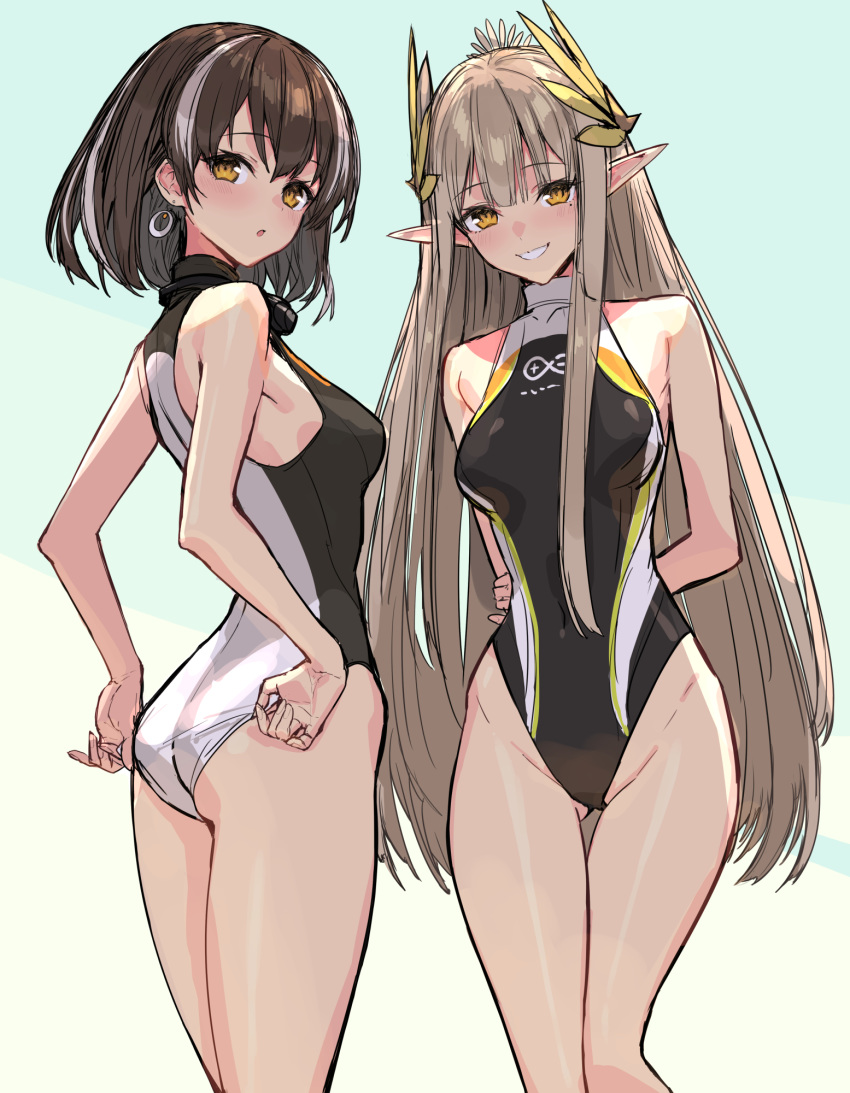 2girls alternate_costume arknights arms_behind_back black_one-piece_swimsuit blush breasts brown_hair covered_navel cowboy_shot earrings feather_hair_ornament feathers gradient_background groin hair_ornament highres jewelry long_hair looking_at_viewer magallan_(arknights) medium_breasts muelsyse_(arknights) multicolored_hair multiple_girls one-piece_swimsuit open_mouth pointy_ears rhine_lab_logo short_hair sigm@ smile streaked_hair swimsuit teeth very_long_hair yellow_eyes