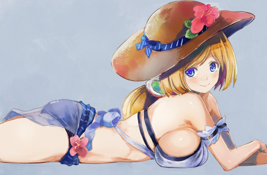 aki_rosenthal aki_rosenthal_(hololive_summer_2019) arm_cuffs ass bare_shoulders bikini blonde_hair blue_background blue_bikini blue_eyes bob_cut bow breasts brown_hat closed_mouth commentary detached_hair female flower from_side hat hat_bow hat_flower hololive large_breasts long_hair looking_at_viewer low_twintails lying midriff on_stomach parted_bangs see-through short_hair sideboob simple_background smile solo straw_hat swimsuit thighs twintails virtual_youtuber yohane