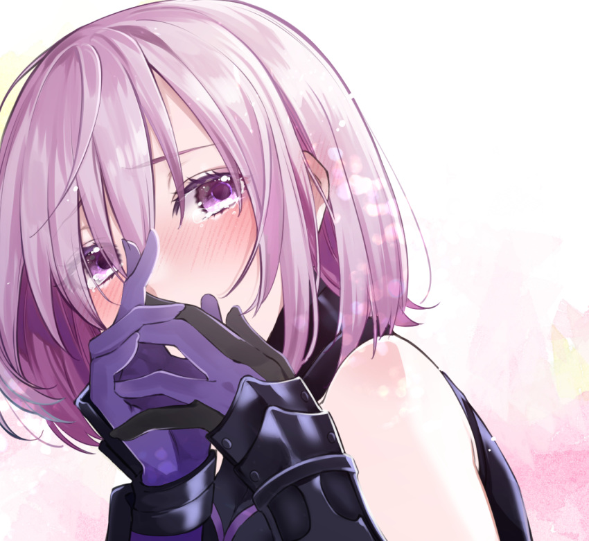 armor bad_id bad_pixiv_id bare_shoulders blush commentary_request covering_own_mouth fate/grand_order fate_(series) female gloves hair_over_one_eye looking_at_viewer mash_kyrielight purple_eyes purple_gloves purple_hair short_hair shunka_tunacan solo