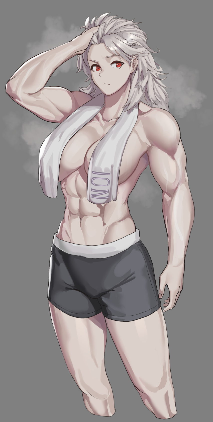 abs absurdres albino biceps bike_shorts black_shorts breasts character_name cowboy_shot cropped_legs dorohedoro expressionless female grey_background highres large_breasts muscular muscular_female noi_(dorohedoro) red_eyes shorts simple_background solo soolee040995 standing steam steaming_body thick_thighs thighs towel towel_around_neck white_hair