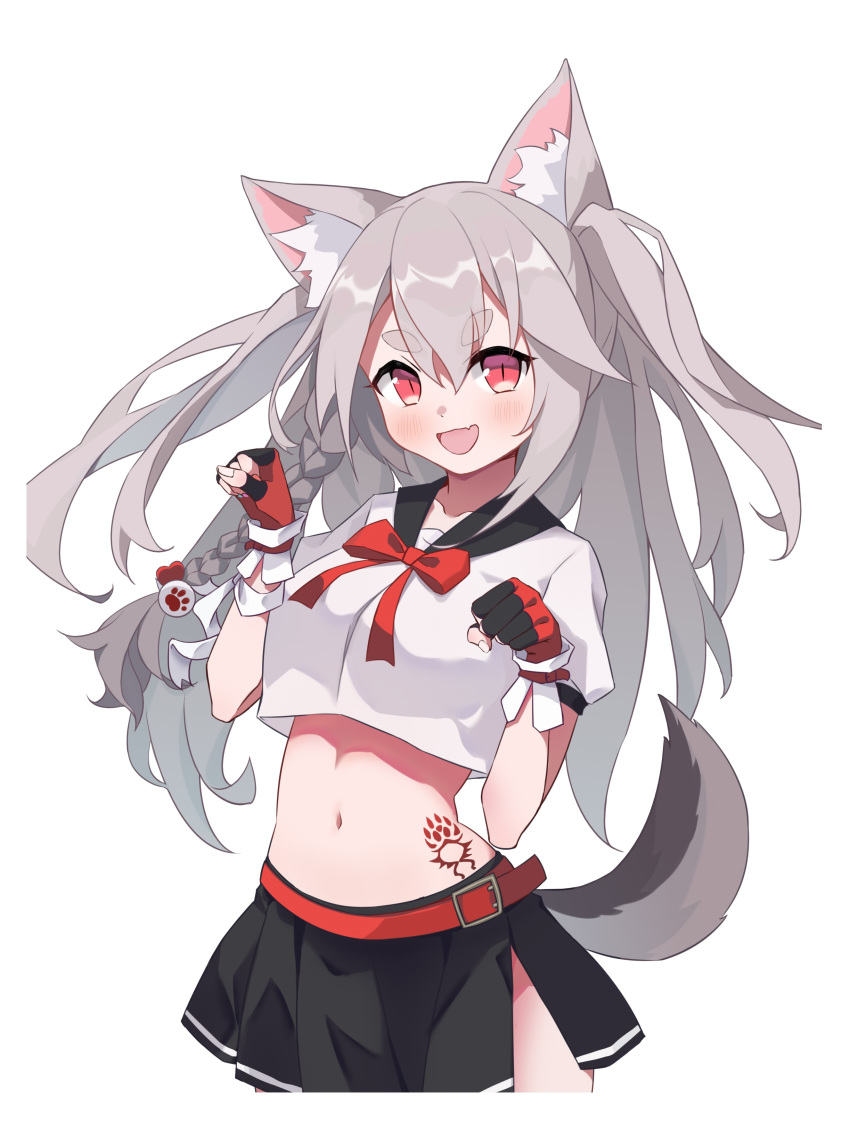 :d absurdres animal_ears azur_lane black_skirt braid collarbone commentary female fingerless_gloves gloves grey_hair hair_between_eyes hair_ornament highres long_hair looking_at_viewer midriff navel open_mouth paw_hair_ornament paw_pose paw_print ping_zhong_yu pleated_skirt red_eyes red_gloves school_uniform serafuku simple_background single_braid skirt slit_pupils smile solo tail tattoo thick_eyebrows two-tone_gloves white_background wolf_ears wolf_girl wolf_tail yuudachi_(azur_lane)