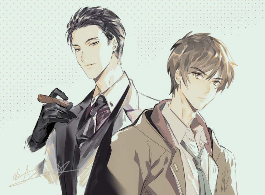 2boys black_gloves black_hair black_necktie brown_hair cigar coat commentary earrings formal fugou_keiji_balance:unlimited gloves highres jewelry kanbe_daisuke katou_haru looking_at_viewer male_focus manly multiple_boys necktie signature simple_background standing stud_earrings suit upper_body yinzinmiemie