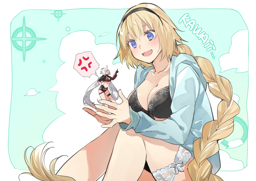 2girls :d anger_vein bad_id bad_pixiv_id bikini black_bikini black_gloves black_hairband black_jacket blonde_hair blue_background blue_eyes blue_hoodie braid breasts cleavage collarbone fate/grand_order fate_(series) gloves hairband hand_on_own_hip highres hood hood_down hoodie jacket jeanne_d'arc_(fate) jeanne_d'arc_(swimsuit_archer)_(fate) jeanne_d'arc_(swimsuit_archer)_(first_ascension)_(fate) jeanne_d'arc_alter_(fate) jeanne_d'arc_alter_(swimsuit_berserker)_(fate) large_breasts long_braid long_hair low_twintails mini_person minigirl multiple_girls open_mouth shrug_(clothing) shunka_tunacan single_braid sitting smile spoken_anger_vein swimsuit thigh_strap twintails very_long_hair white_hair