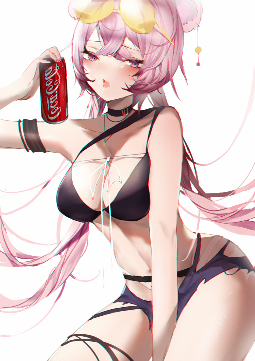 absurdres arknights bad_id bad_pixiv_id bare_arms bare_shoulders bikini black_bikini black_choker blush breasts can choker coca-cola commentary_request cowboy_shot eyewear_on_head female highres holding holding_can large_breasts lin_(arknights) long_hair looking_at_viewer navel official_alternate_costume open_mouth pink_eyes pink_hair simple_background solo stomach sunglasses swimsuit thighs very_long_hair white_background xiongshouji