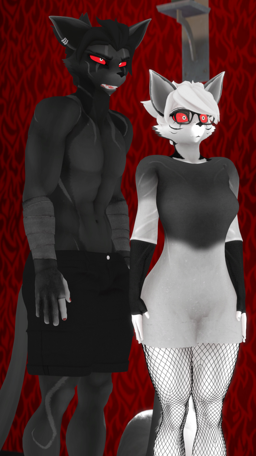 3d_(artwork) 9:16 akuma_(domibun) anthro arm_wraps black_bottomwear black_clothing black_pants black_shorts bottomwear breasts canid canid_demon canine clothed clothing demon digital_media_(artwork) domibun dress duo ear_piercing ear_ring eyewear female fingerless_gloves fishnet_clothing fishnet_legwear fur glasses gloves grey_body grey_fur hair handwear hellhound hi_res legwear male mammal medium_breasts multicolored_body multicolored_fur mythological_canine mythological_creature mythology open_mouth pants pants_only piercing red_sclera ring_piercing roxy_(boredbun) shorts shorts_only source_filmmaker_(artwork) standing topless topless_anthro topless_male two_tone_body two_tone_fur warfare_machine white_body white_eyes white_fur white_hair wraps