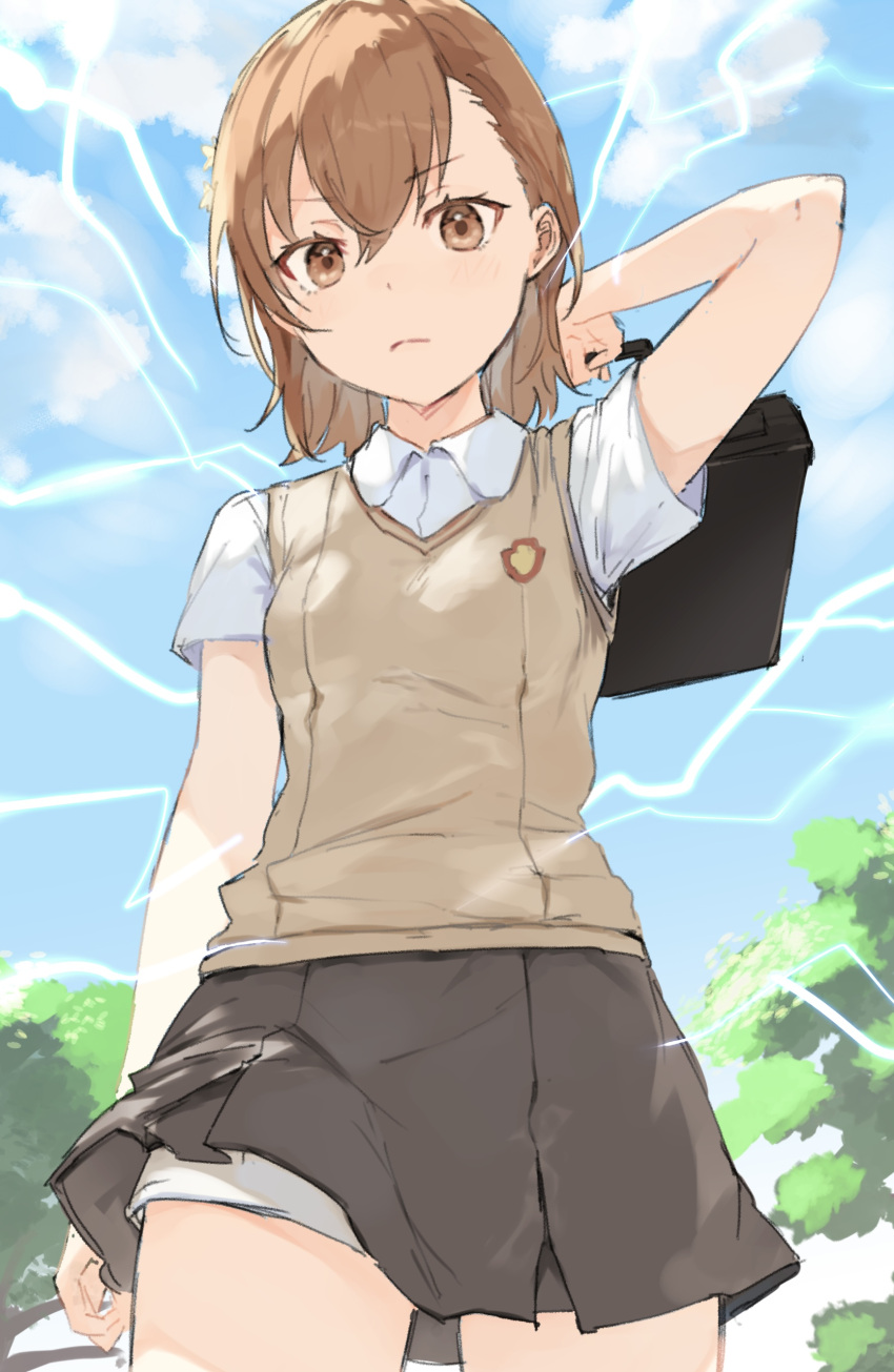 absurdres arm_behind_head blue_sky brown_eyes brown_hair brown_skirt brown_sweater_vest cloud collared_shirt electricity electrokinesis female highres holding looking_at_viewer misaka_mikoto school_uniform shirt shorts shorts_under_skirt skirt sky solo summer_uniform sweater_vest thighs toaru_kagaku_no_railgun toaru_majutsu_no_index tokiwadai_school_uniform tree usagiplanet7