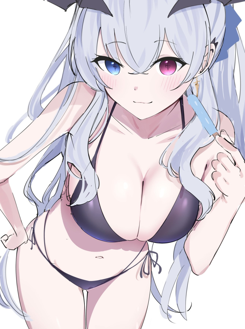 bare_shoulders bikini blue_eyes blue_hair breasts cleavage earrings female hair_between_eyes hair_ornament halterneck heterochromia highres jewelry large_breasts long_hair looking_at_viewer mattyazuki neo-porte pink_eyes side-tie_bikini_bottom simple_background solo string_bikini swimsuit tentei_forte virtual_youtuber