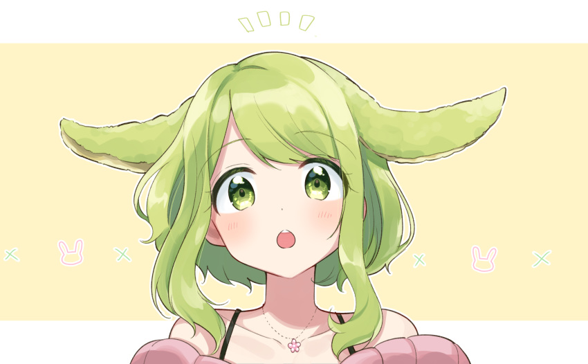 :o animal_ears collarbone commentary_request female green_eyes green_hair highres jewelry looking_at_viewer morinaka_kazaki necklace nijisanji notice_lines outline portrait rabbit_ears short_hair_with_long_locks simple_background solo virtual_youtuber white_outline yellow_background yuama_(drop)