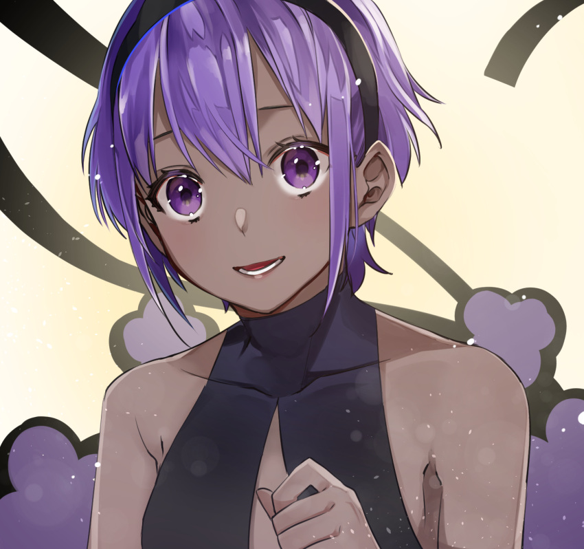 :d bad_id bad_pixiv_id black_hairband collarbone commentary_request dark-skinned_female dark_skin fate/prototype fate/prototype:_fragments_of_blue_and_silver fate_(series) female hair_between_eyes hairband hassan_of_serenity_(fate) highres light_blush looking_at_viewer open_mouth purple_eyes purple_hair short_hair shunka_tunacan smile solo upper_body very_dark_skin