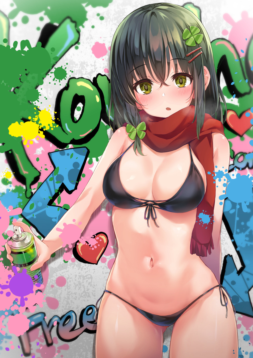 absurdres ass_visible_through_thighs bare_shoulders bikini black_bikini black_hair blush breasts clover clover_hair_ornament commentary_request cowboy_shot female four-leaf_clover front-tie_top graffiti green_eyes hair_between_eyes hair_ornament hairclip highres hitoi holding large_breasts long_hair looking_at_viewer natsume_konoha navel open_mouth original paint_splatter parted_lips red_scarf scarf side-tie_bikini_bottom solo spray_can spray_paint spraying string_bikini swimsuit